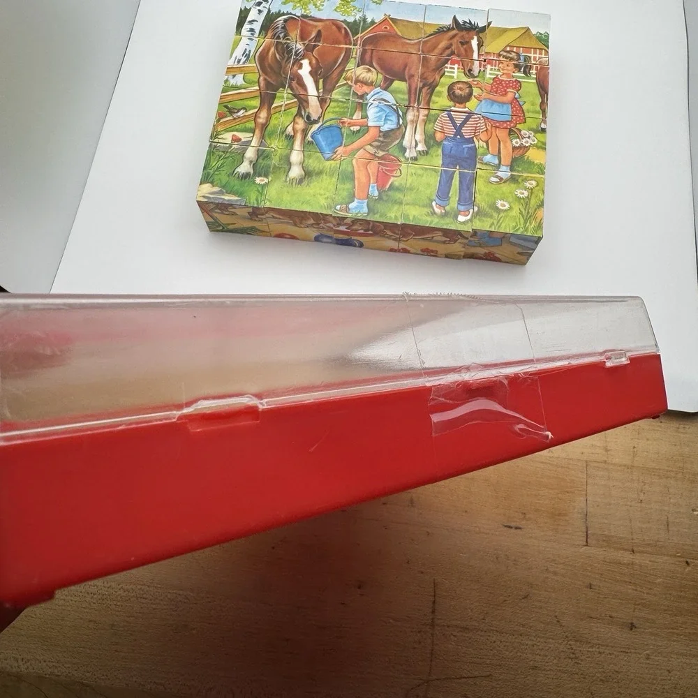 Vtg 20 Cube Puzzle Block Set 4 Sided West Germany ~ Cat Horse Cow Children Dogs